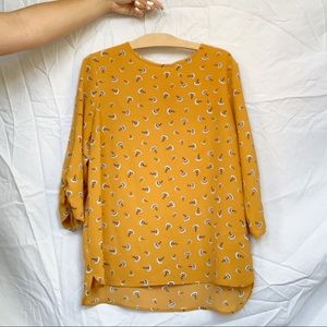 Mustard Blouse with Blue Flowers & Ruched Sleeves